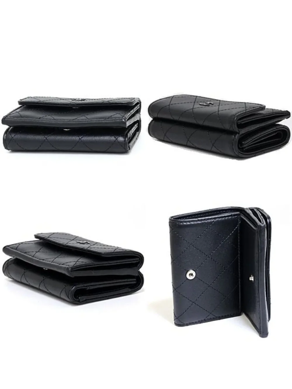 Chanel Compact Wallet Trifold Quilted Leather Black &silver
